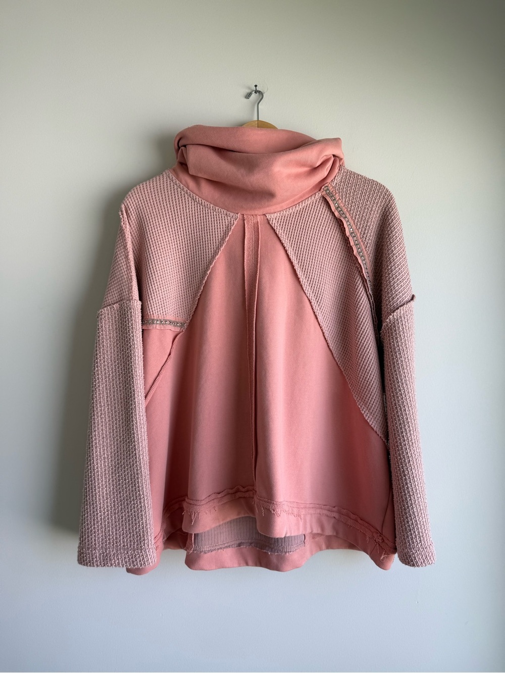 POL Oversized Waffle Knit Hoodie Small Blush Pink Boho Pullover Sweater